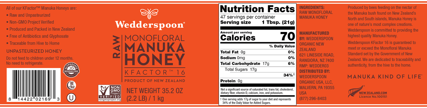 Manuka Honey, Kfactor 16, 8.8 Oz.